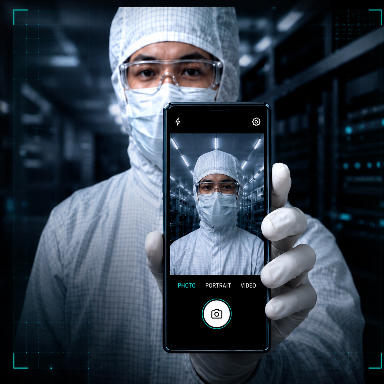 Person in cleanroom suit holding a phone portrait preview